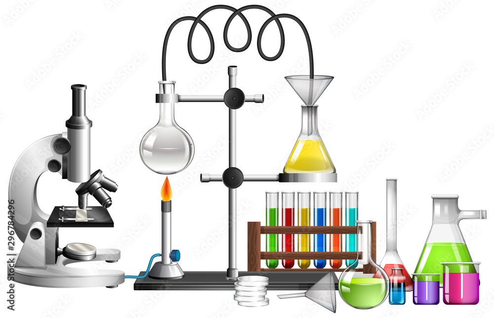 Set of science equipments on white background