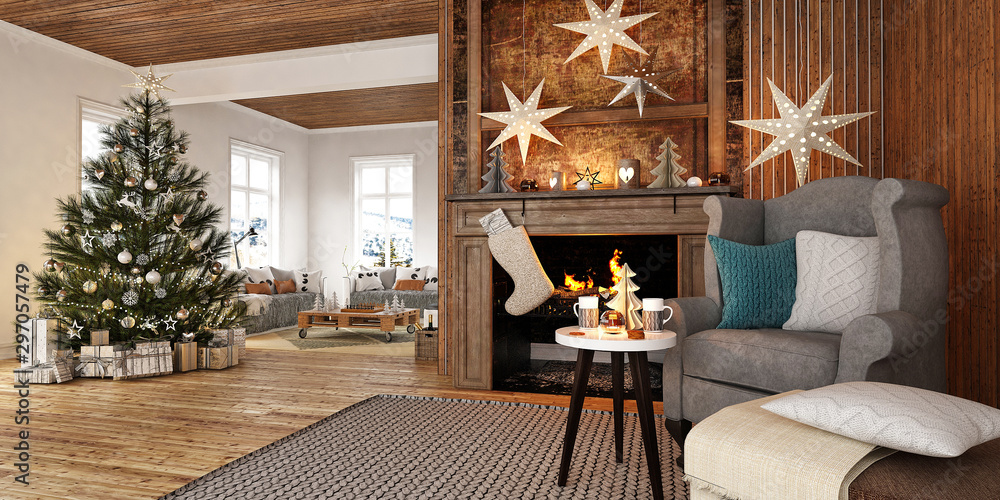 带有圣诞装饰和壁炉的斯堪的纳维亚风格室内新年树
