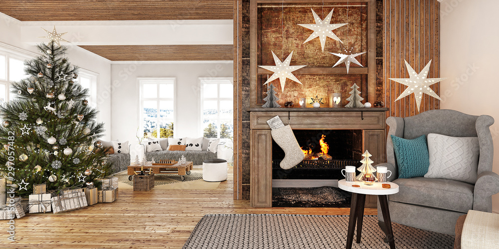 带有圣诞装饰和壁炉的斯堪的纳维亚风格室内新年树