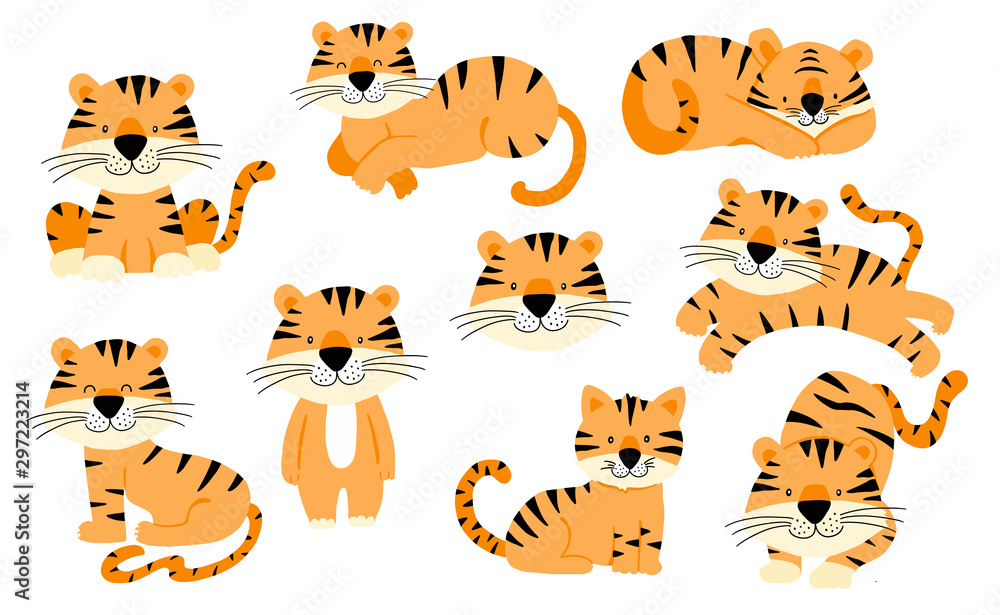 可爱的老虎动物物品系列。图标、标志、贴纸插图，可打印