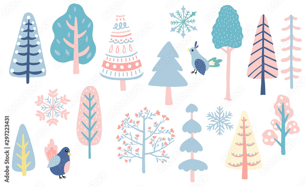 冬季套装，带有鸟、雪花、贴纸、明信片、背景、圣诞节的圣诞树插图
