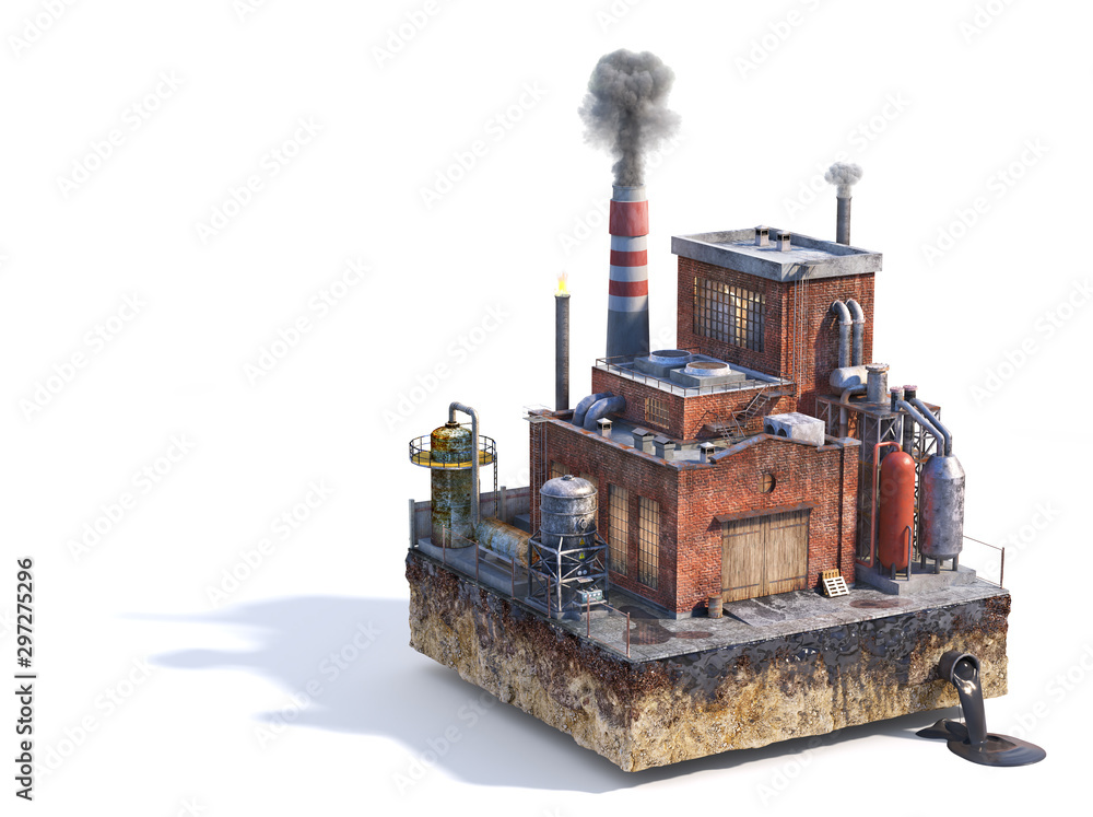 污染概念。白色隔离的旧工厂。工业。3d插图
