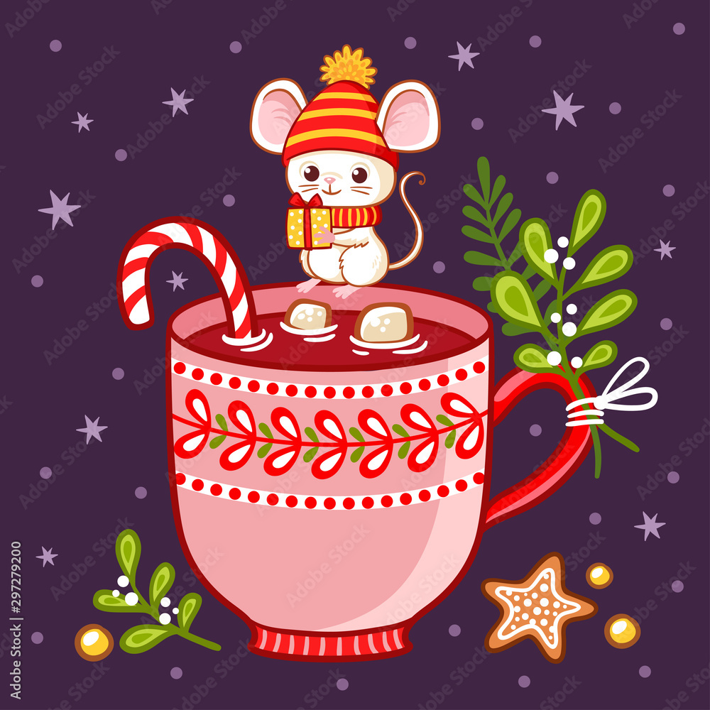 戴着冬天帽子的可爱老鼠坐在一杯热巧克力上。矢量圣诞节