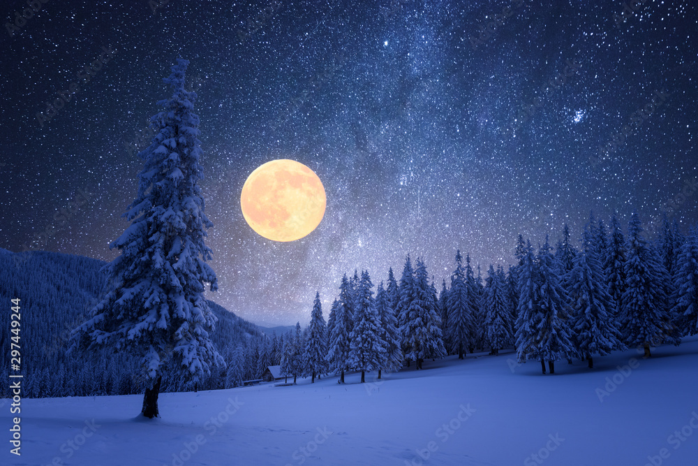 夜空圆月的冬夜