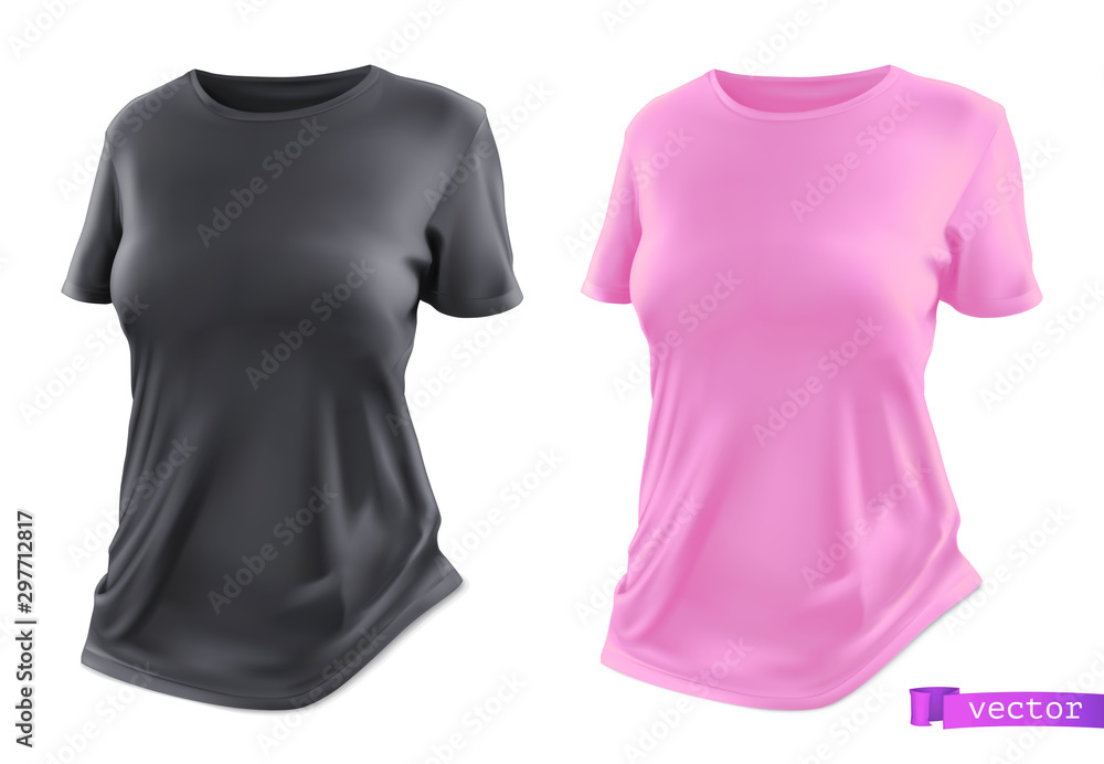 黑色和粉色t恤实物模型。三维逼真矢量