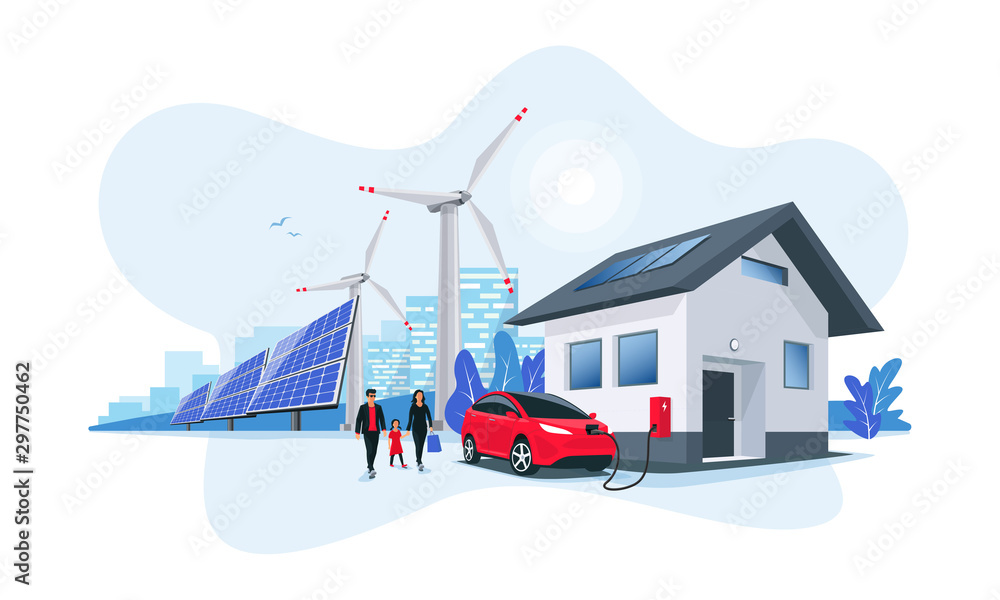 家用电池电动汽车在家用充电站充电-风能太阳能可再生能源存储