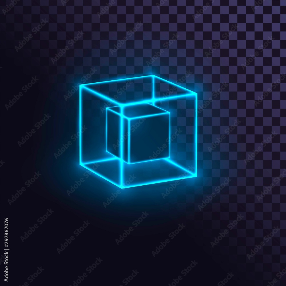 明亮的蓝色霓虹立方体，未来主义的盒子或方块，透明背景上的激光立方体