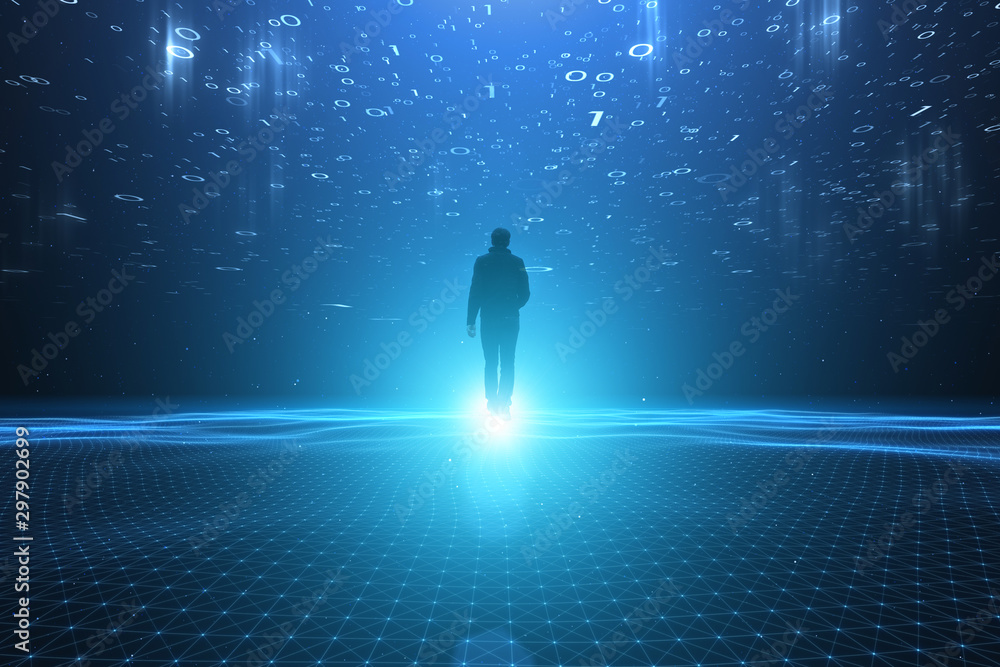 Man walks in artificial intelligence computer network cyberspace.	