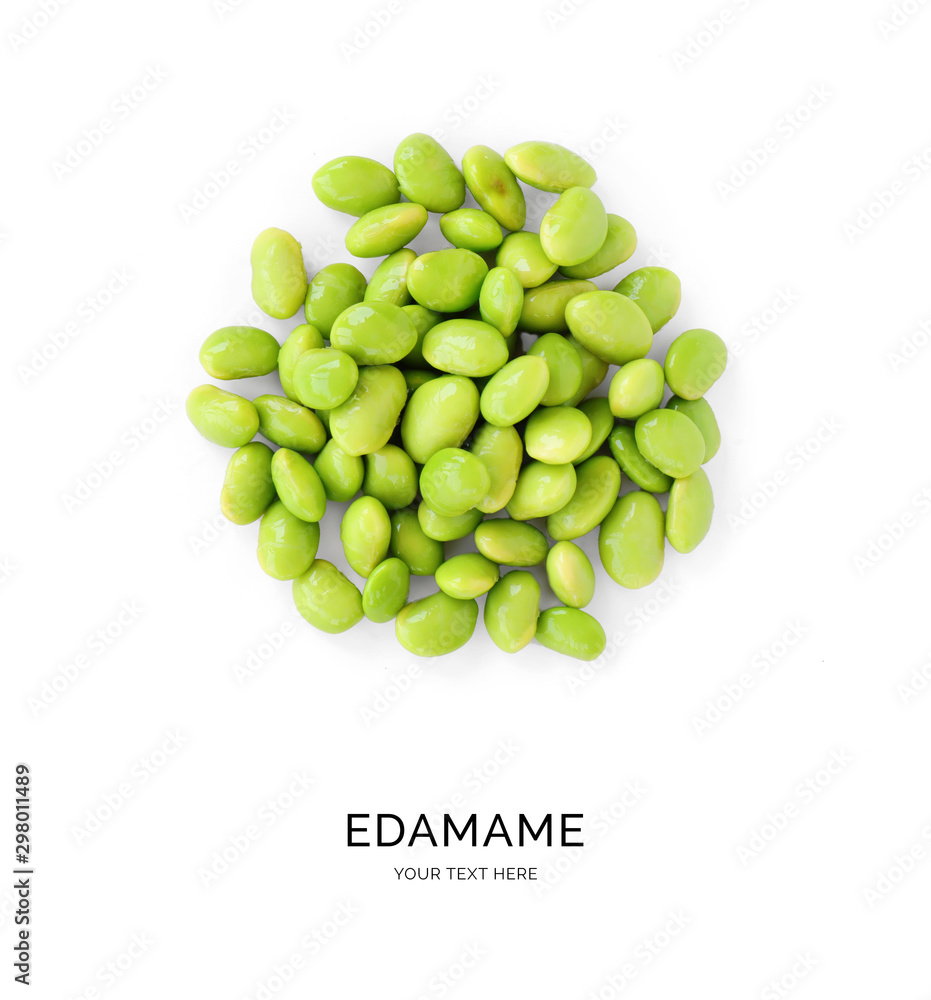 Creative layout made of edamame on white background. Flat lay. Food concept. Macro concept.