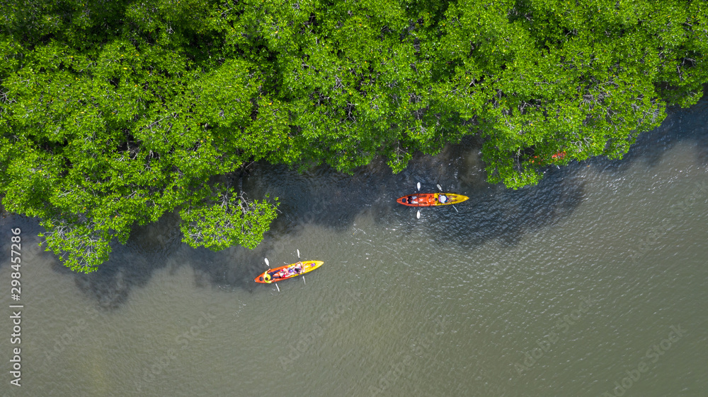 Aerial view of Ao Tha Lane near Krabi, Ao Tha Lane famous place for kayak on the river with mountain