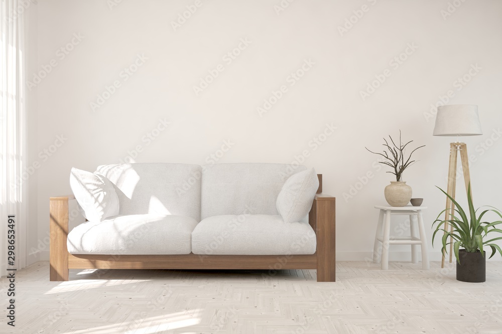 带沙发的白色时尚房间。斯堪的纳维亚室内设计。3D插图