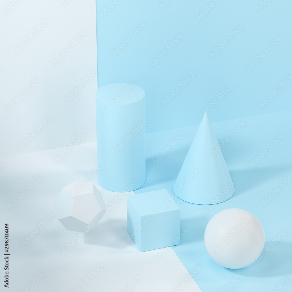 Still life presentation of geometric objects, 3d rendering.