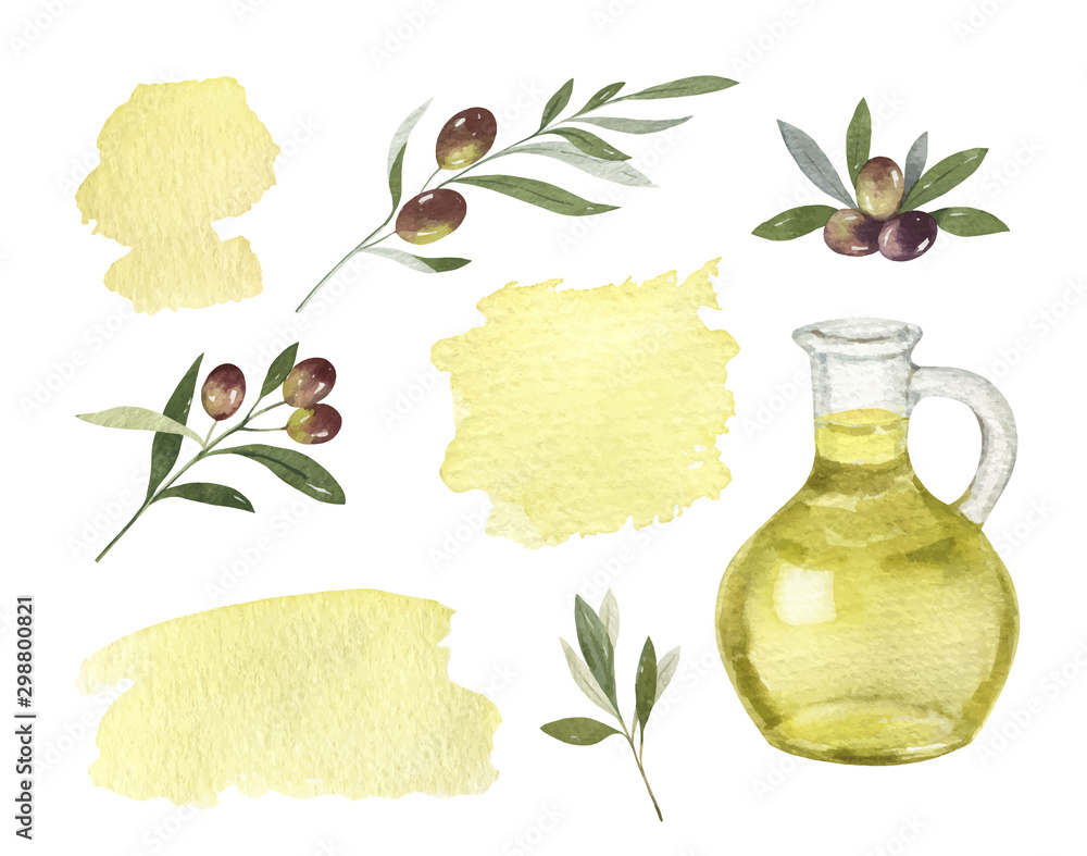 橄榄油、树枝和斑点的玻璃瓶水彩矢量套装。