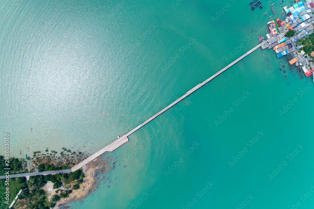 Drone view Top down of small bridge to koh rat in Surat Thani thailand