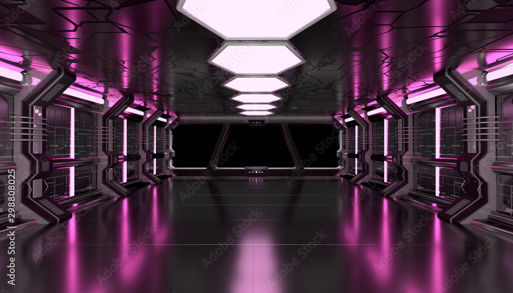 Dark pink spaceship futuristic mockup interior with window view 3d rendering