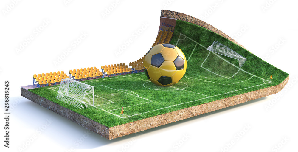 运动概念。白色背景下一块隔离地面上的足球场。三维插图