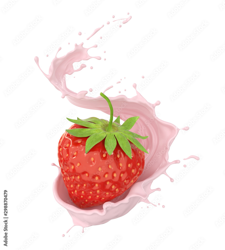 草莓和牛奶或水果酸奶飞溅霜，包括剪辑路径，三维渲染。
