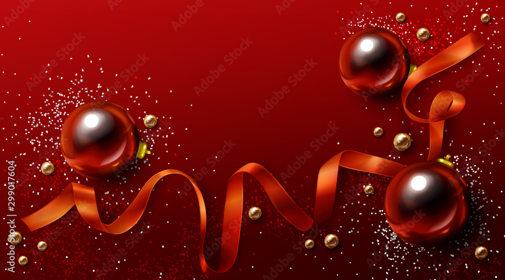 红色和金色的圣诞背景，圣诞节装饰缎带，小玩意，珍珠和闪闪发光的con