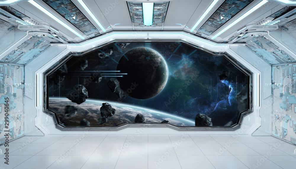 白色-蓝色太空船未来主义内饰，带太空和行星三维渲染窗口