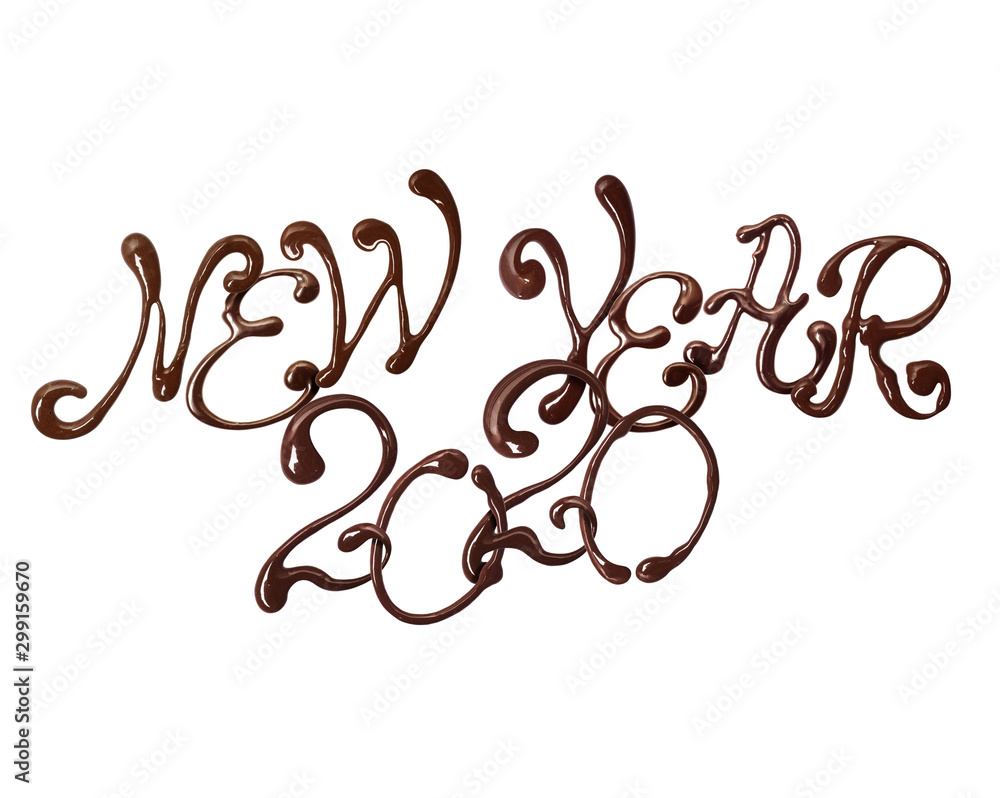 2020年新年铭文由巧克力优雅的漩涡字体制成，孤立在白底上