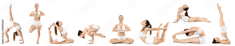 与运动型女性在白色背景下练习瑜伽