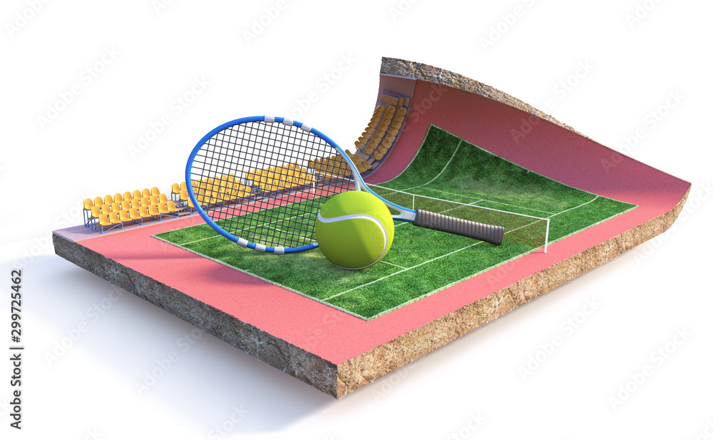 运动概念。网球场在一块白色背景的隔离地面上。三维插图