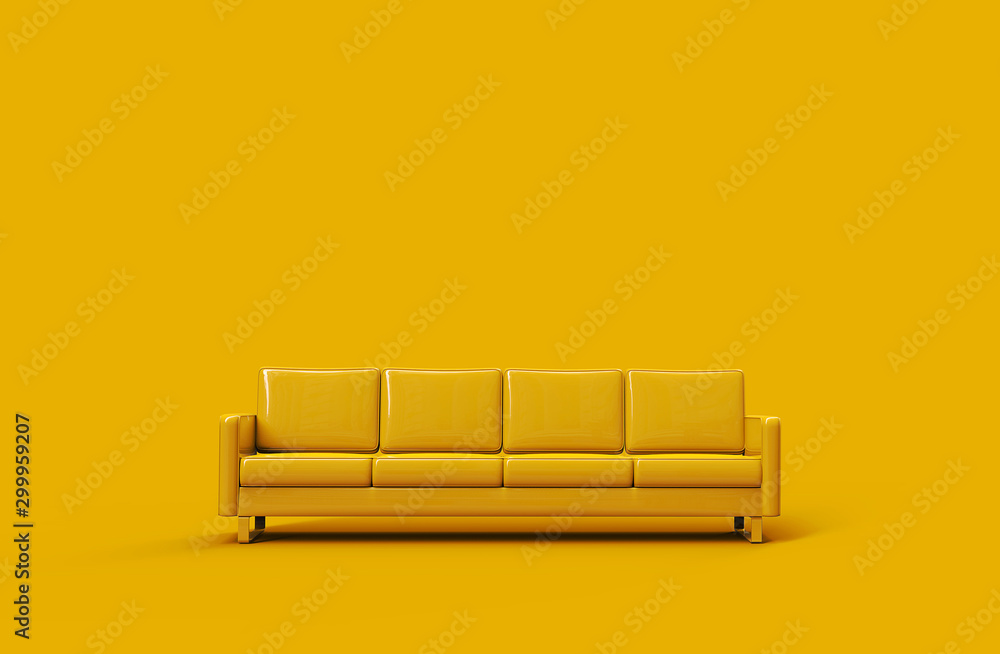 黄色皮革沙发，黄色背景隔离。3d渲染