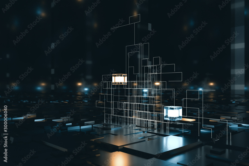 Glowing cubes with circuit lines with dark background, 3d rendering.