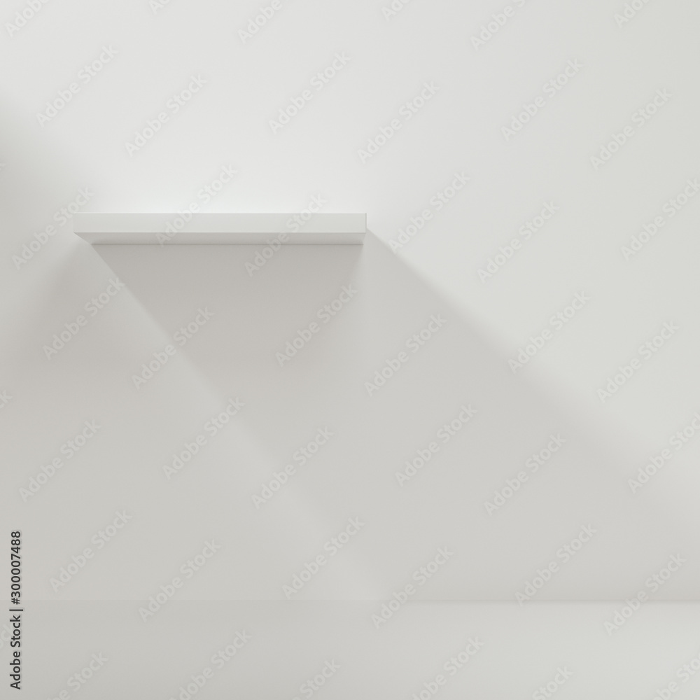 空房间里的白色空立方体架子，三维渲染。
