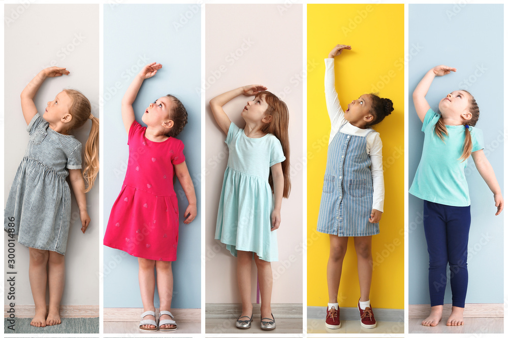 Collage of photos with little children measuring height near walls