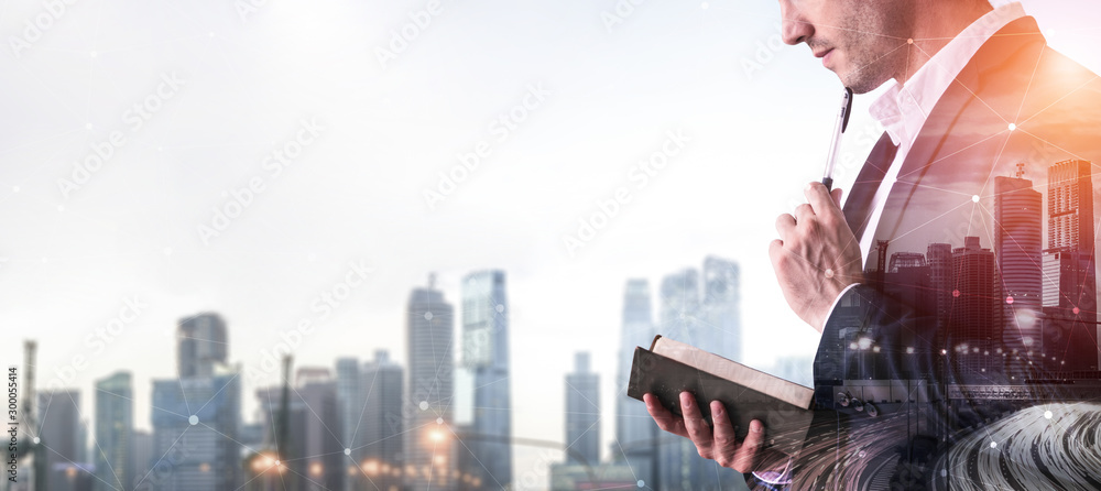 Double Exposure Image of Business Person on modern city background. Future business and communicatio