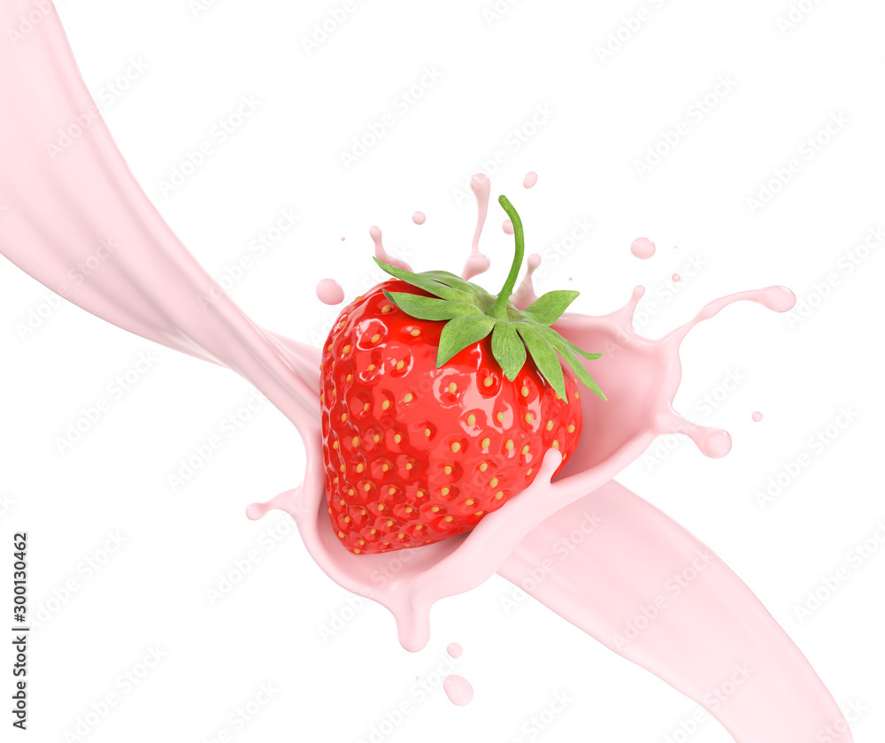 草莓在牛奶飞溅，3d插图。
