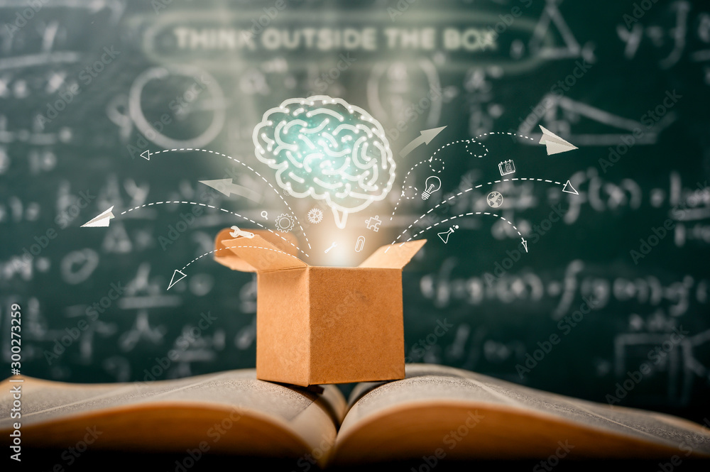 think outside the box on school green blackboard . startup  education concept. creative idea. leader