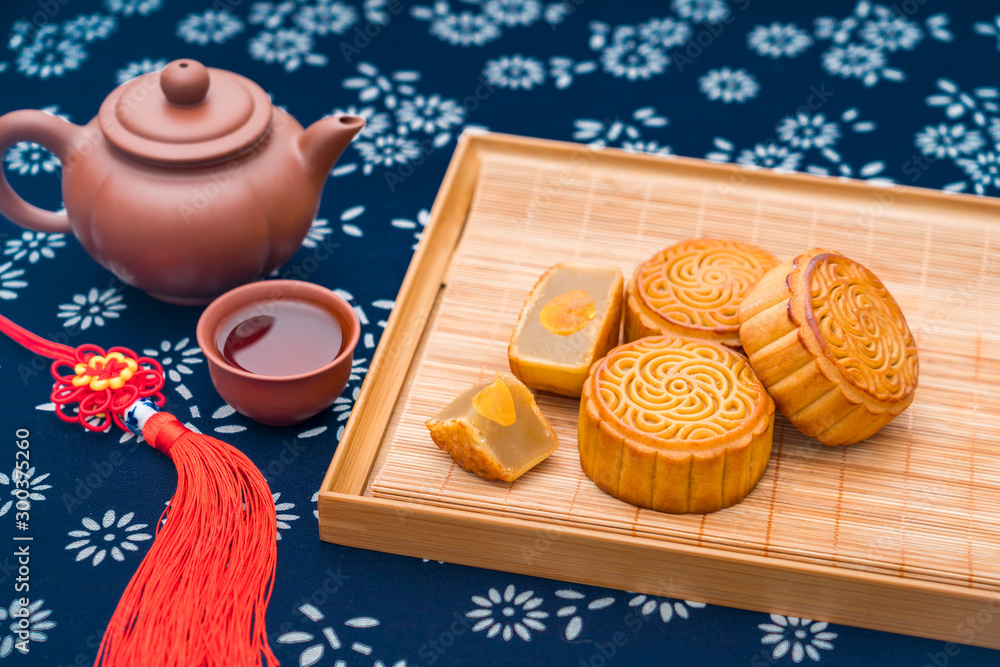 Chinese Mid-Autumn Festival gourmet bean paste moon cakes placed in a tray