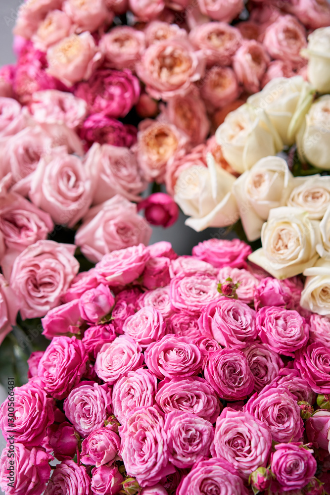 花卉地毯，花卉质地，商店概念。美丽的鲜花，玫瑰，喷雾玫瑰。