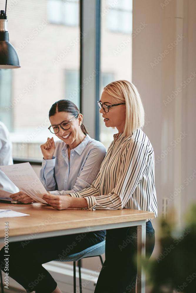 Smiling businesswomen reading paperwork together in an office bo