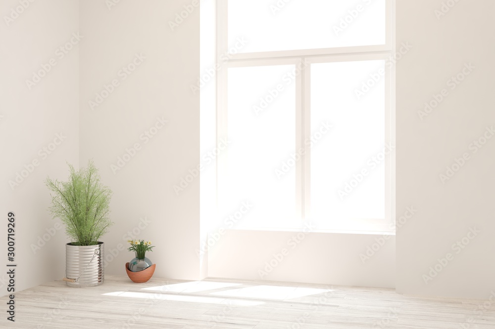 白色空房间。斯堪的纳维亚室内设计。3D插图