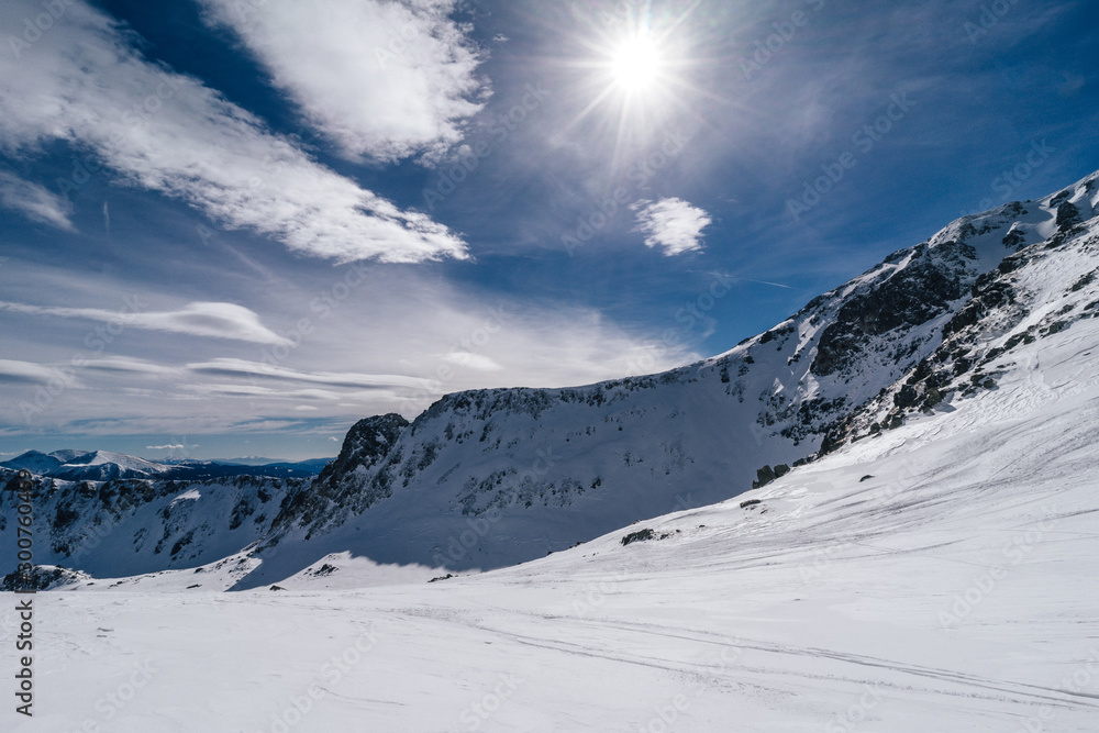 Beautiful winter alpine mountain landscape of Niedere Tauern. Alpine landscape covered with snow, hi