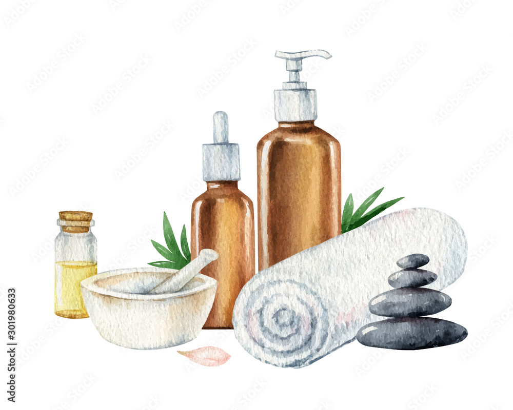 Watercolor vector Spa concept of cosmetic products.