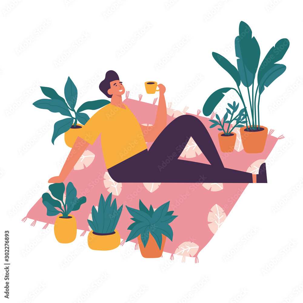 矢量插图男子拿着咖啡杯坐在地毯上休息。带homepl的舒适内饰