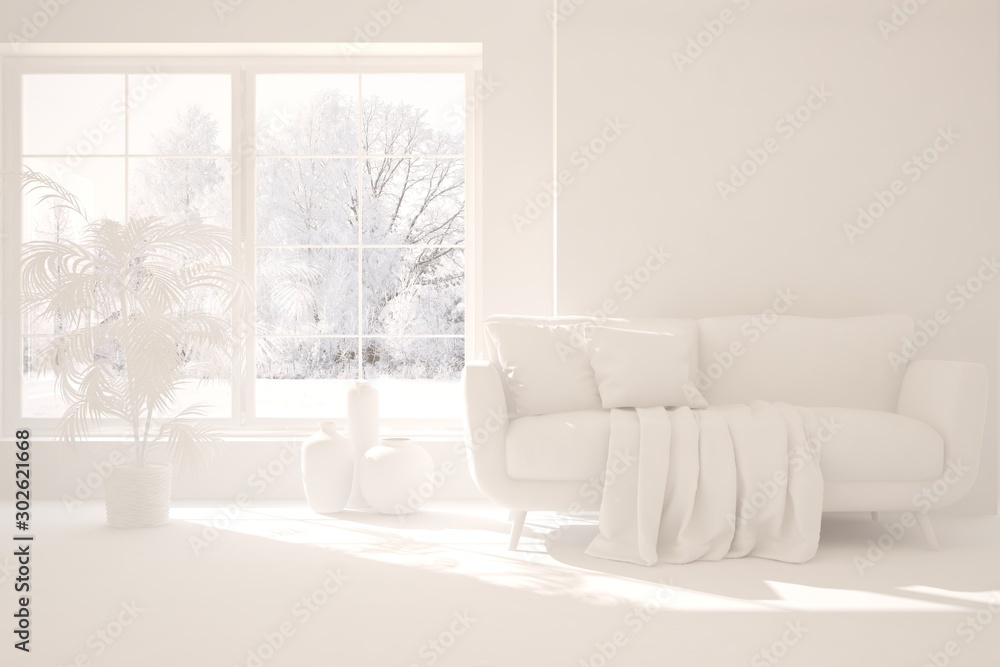 白色时尚房间的模型，窗户里有沙发和冬季景观。斯堪的纳维亚室内