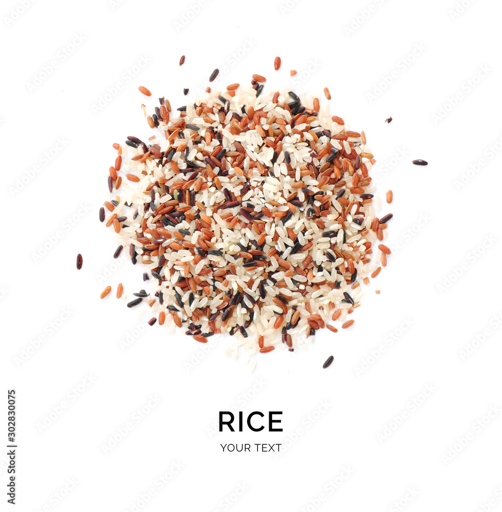 Creative layout made of mix of rice on white background. Flat lay. Food concept. Macro concept.