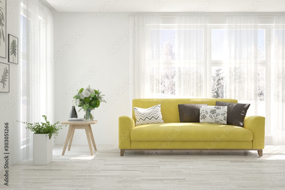 白色时尚客房，配有黄色沙发。斯堪的纳维亚室内设计。3D插图