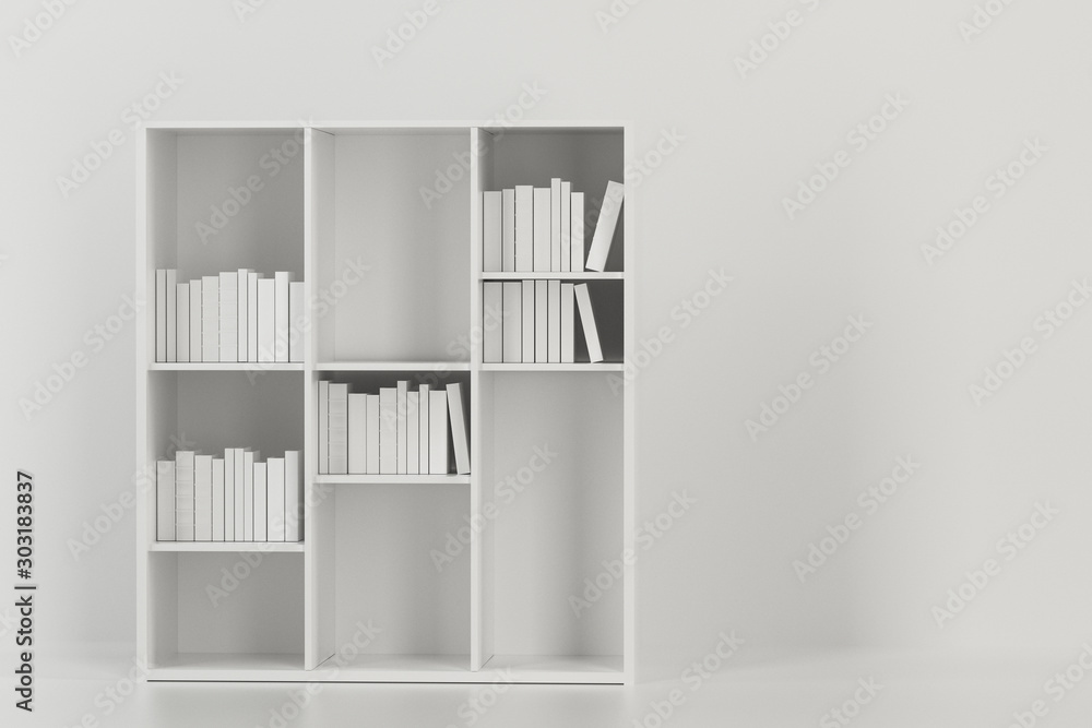 空荡荡的新房子里放着书的书架，三维渲染。