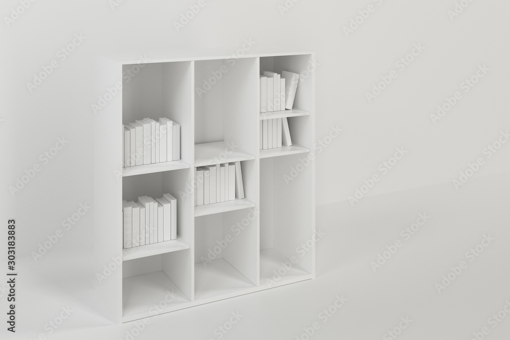 空荡荡的新房子里放着书的书架，三维渲染。