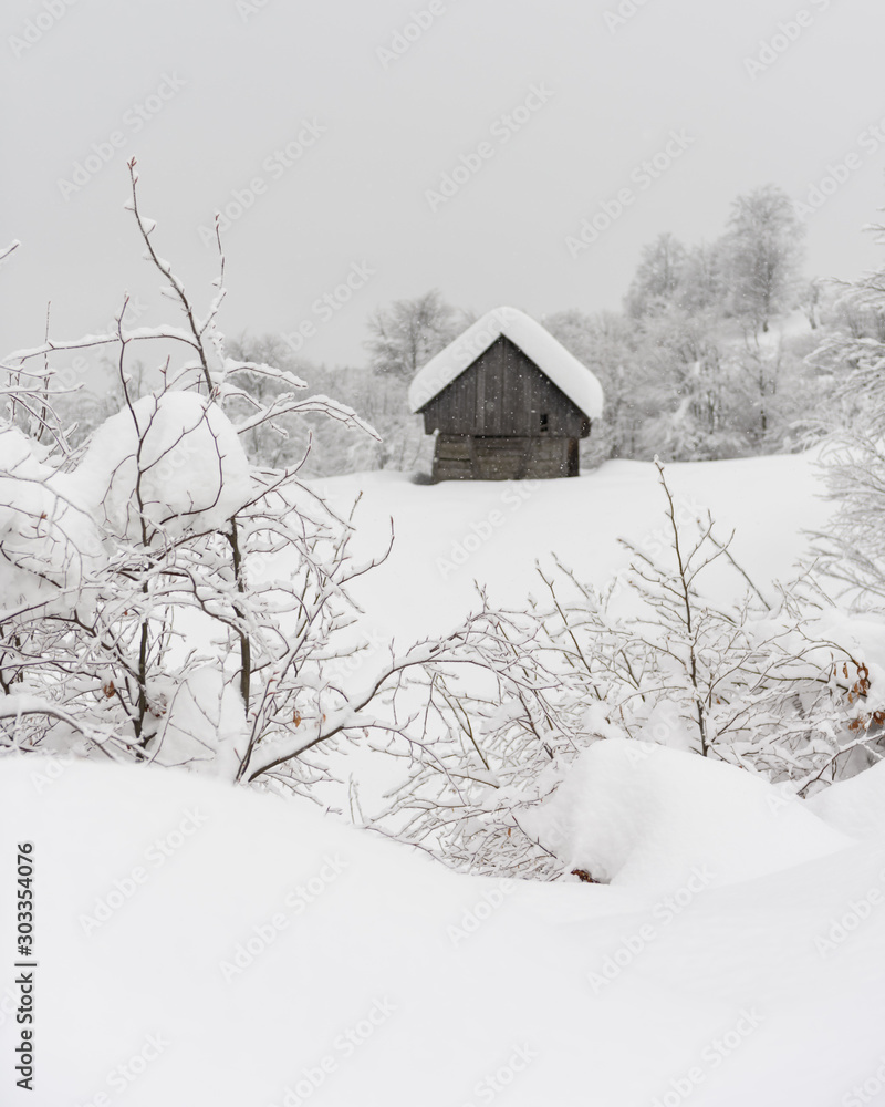 雪山木屋的极简主义冬季景观。多云，景观照片