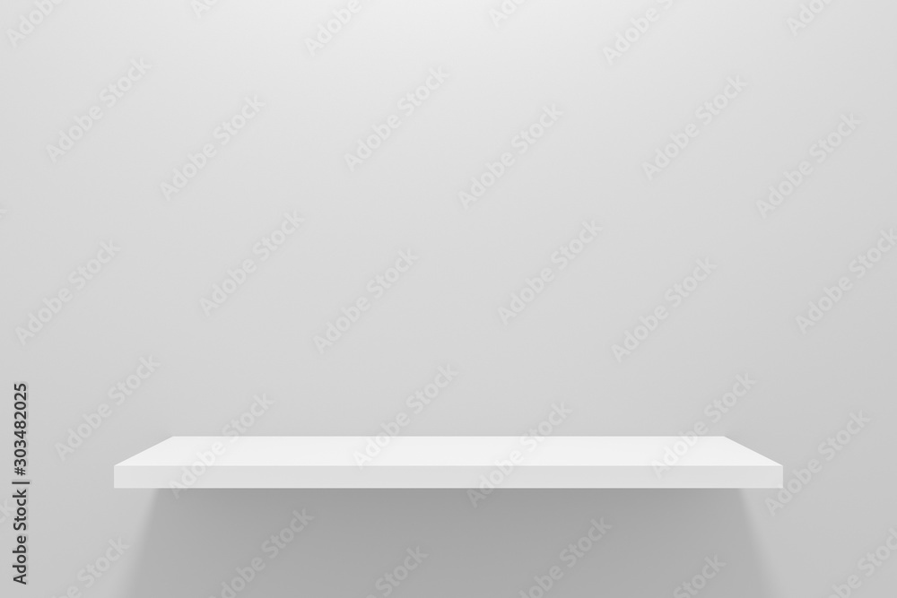 Front view of empty shelf on gray wall background with modern minimal concept. Display of room shelv