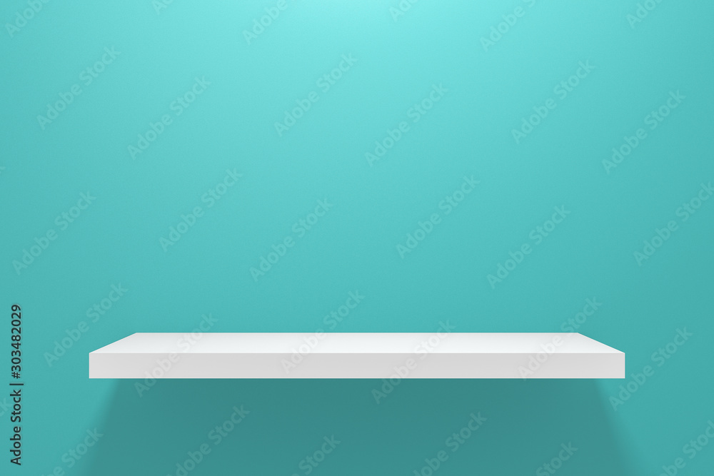 Front view of empty shelf on light green wall background with modern minimal concept. Display of roo
