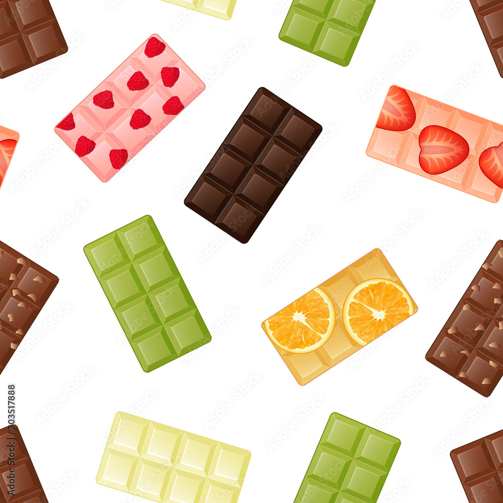 Seamless pattern made from different delicious chocolate. Endless picture. Cartoon style. Vector ill
