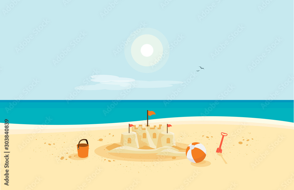 沙滩上的孤独沙堡，蓝色的海水和海岸线，夏日晴朗的天空